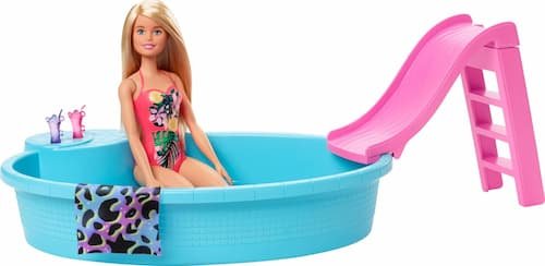 Barbie Doll, 11.5-inch Blonde, and Pool Playset with Slide and Accessories, For 3 to 7 Year Olds